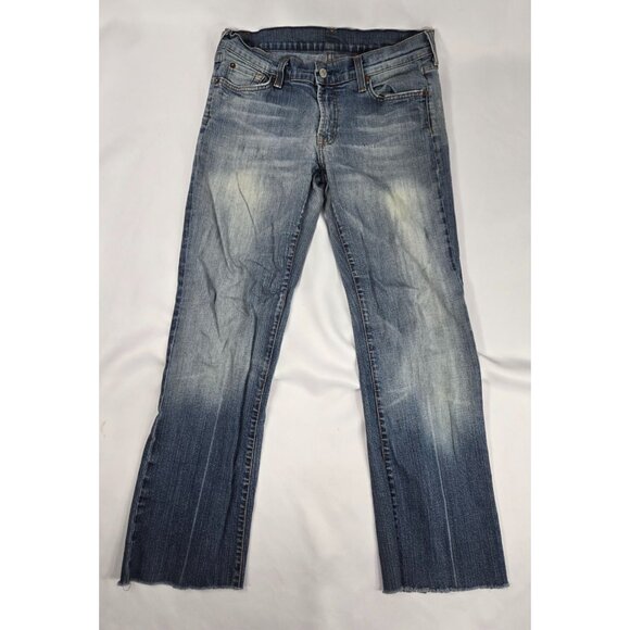 7 For All Mankind Jerome Dahan Distressed Flare Jeans Size 30 Womens Blue Raw He - Picture 1 of 10